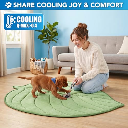 PetAmi Dog Cooling Mat, Leaf Shape, Pet Pad with Cooling Nylon & Soft Fleece, Q-Max > 0.4 Reversible All Season Blanket for Dogs & Cats, Medium 42x48 in, Sage Green - color: Sage Green, size: Medium