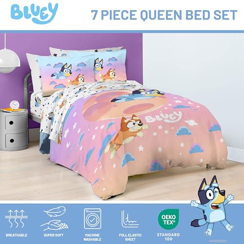 Jay Franco Bluey & Bingo Queen Comforter Set - 7 Piece Bedding Includes Sheet Set & Pillow Covers - Super Clouds & Stars Cozy Bedding - color: Multi - Bluey, size: 7 Piece Queen