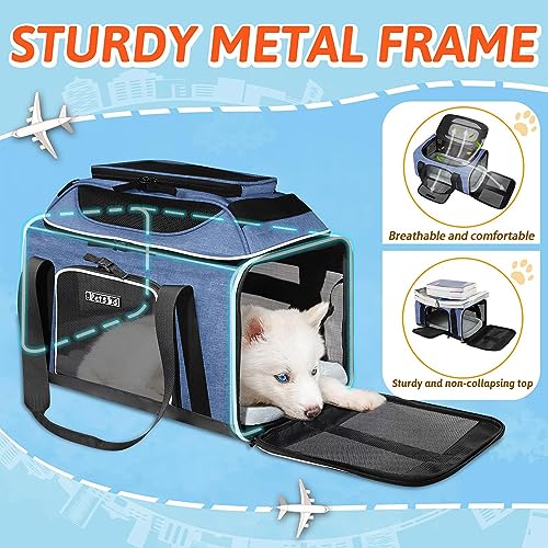 Top-Expandable Small Pet Carrier 17"x12"x8.5" Airline Approved | for JetBlue/Frontier/Spirit Airlines, Lockable Safety Zippers and Anti-Scratch Mesh, Soft-Sided, Pets Under 8 Lbs, Blue - color: Blue, size: 17.0"L x 12.0"W x 8.5"H