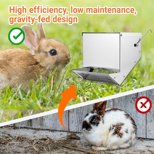 Rabbit Feeders for Cages,3.5 Pound Metal Trough Feeder with Water Bottle | Galvanized Steel Outdoor Bunny Food Dispenser Automatic for Rabbits Chicken Guinea Pig Pet and Other Small Animals Silver