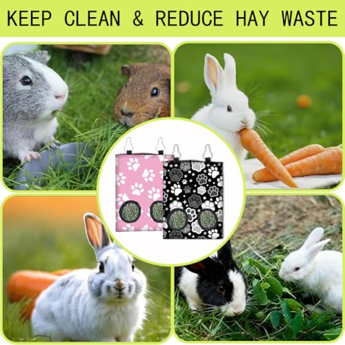 2Pcs 2 Styles Hay Feeder Bag for Rabbits Guinea Pigs Chinchillas 11.6 x 9 Inch Bunny Hay Feeder with 2 Holes Pink Black Paw Print Cloth Washable Hanging Pet Feeding Storage Cage Accessories - color: Paw Print