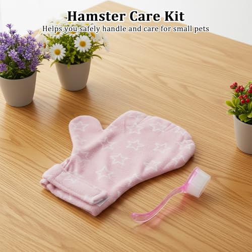 1Pcs Hamster Bite Proof Glove and Grooming Brush Set, Adjustable Hamster Glove, Lid Soft Cleansing Brush Massage Combs, Guinea Pig Brush, Hamster Care Set for Hamsters, Ferrets, Hedgehogs (Pink Stars) - color: Pink Stars