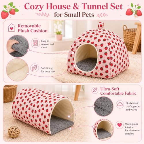 Guinea Pig Hideout Tunnel Set, 2 Pack Washable Small Animal Bed with Removable Cushion, Hamster Hideout Play Tunnel Toys for Guinea Pigs, Hamsters, Hedgehogs, Ferrets, Pink Strawberry - color: Pink Strawberry, size: Large(9.4"L x 9.4"W x 7.9"H)