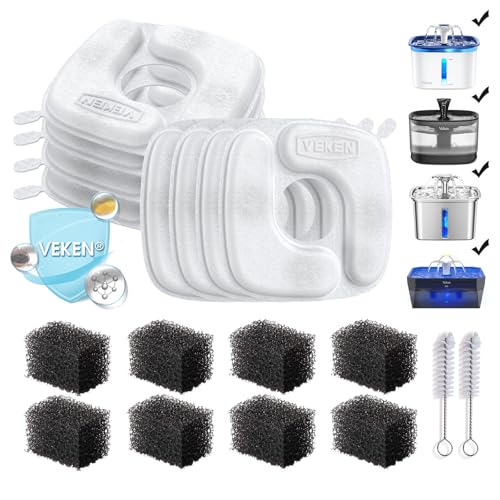 Veken Cat Water Fountain Filters, 8 Pack Replacement Filters | and 8 Pack Replacement Pre-Filter Sponges Set for 50oz, 84oz, 95oz or 108oz Automatic Pet Fountain Dog Water Dispenser