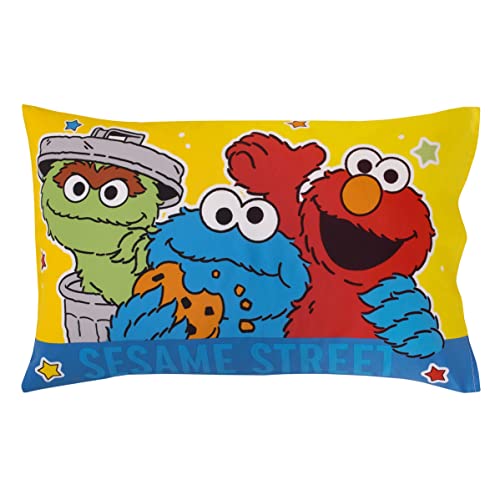 NoJo Sesame Street Come and Play Blue, Green, Red and Yellow, Elmo, Big Bird, Cookie Monster, Grover and Oscar The Grouch 2 Piece Toddler Sheet Set - Fitted Bottom Sheet and Reversible Pillowcase - color: Sesame Street Come and Play