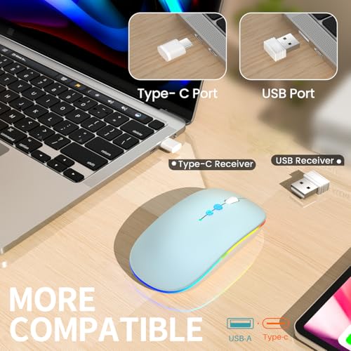 Halpilt LED Wireless Mouse A100S Rechargeable Portable Silent Mouse with Optional USB and Type-C Receiver 3-Speed Adjustable DPI for PC/Mac/Laptop (Frosted Blue) - color: Frosted Blue