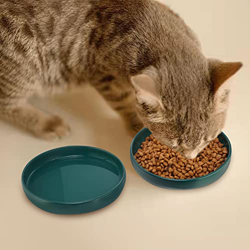 Ceramic Cat Bowls,Shallow Cat Dishes for Food and Water, 6 inch Matte Finish Wide Cat Food Bowl,Whisker Fatigue Free Pet Puppy Kitten Bowl Set of 3,Dishwasher Safe - color: Blackish green-3pack
