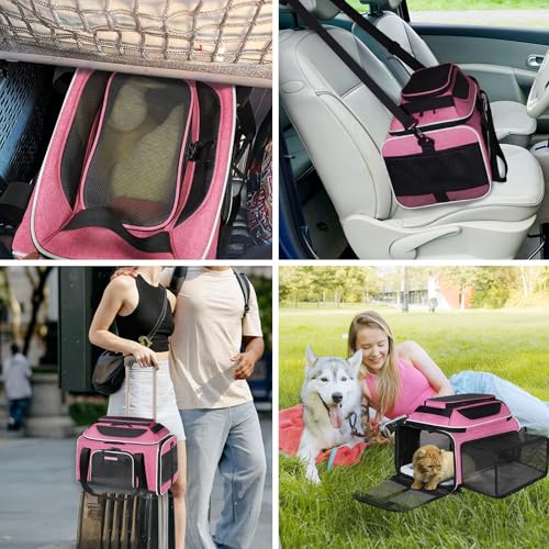 Top and Side Expandable Small Pet Carrier Airline Approved, Pink | 17"Lx11"Wx9.5"H, for Alaska Airlines, Pets Under 10 Lbs, Lockable Zippers,Soft-Sided, Anti-Scratch Mesh - color: Pink, size: 17.0"L x 11.0"W x 9.5"H