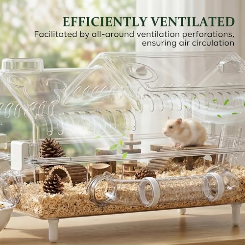 PawHut 8 in 1 PET Hamster Cage 21.5 x 11.8 x 12.6 Inches | Dwarf Hamster Cage, Large Wheel and Hideout, Small Animal Habitat, Accessories, Clear Pet House