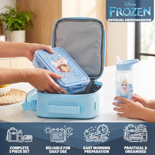 Get Trend Disney Frozen Girls Lunch Box 3Pc Set | Kids Insulated Lunch Bag with BPA-Free Water Bottle and Snack Box, Back to School Anna & Elsa Gifts for Girls - color: Blue Frozen