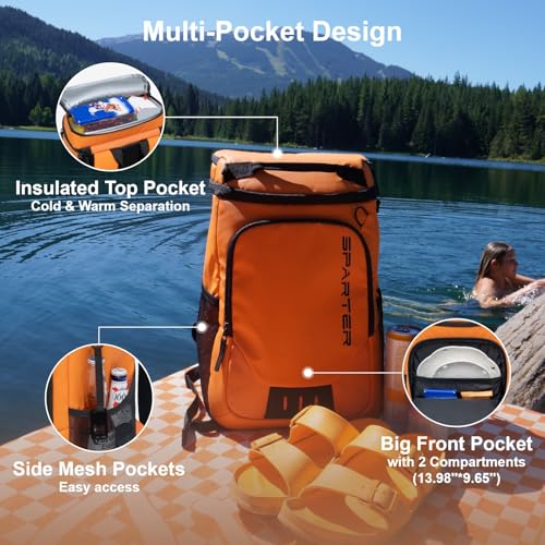SPARTER Backpack Cooler Insulated Leak Proof 33/49 Cans, 2 Insulated Compartments Thermal Bag, Portable Lightweight Beach Travel Camping Lunch Backpack for Men and Women - color: Orange, size: 33 Can