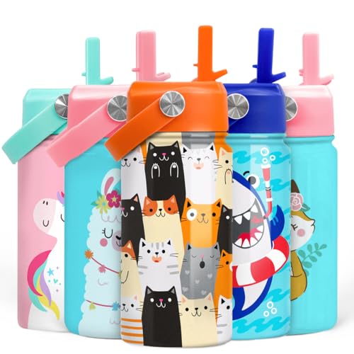 SANDJEST Cat Water Bottle - Kids Water Bottle with Straw Lid - 12 Oz Insulated Stainless Steel Water Bottles for Kid Boys Girl - Travel Cup for School Sports - color: Cat 1
