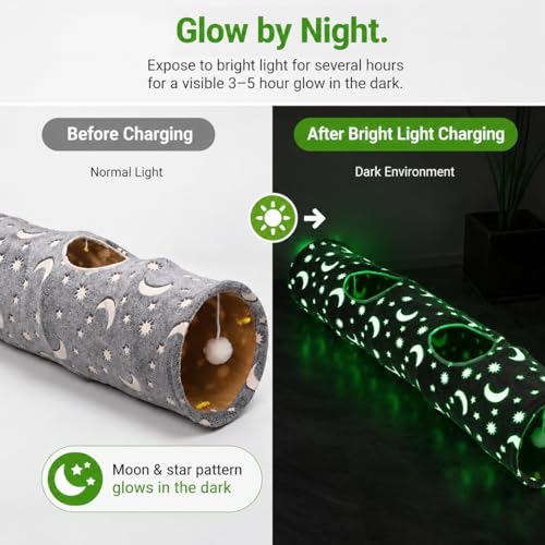 Cat Tunnel Tube with Plush Ball Toys Collapsible Self-Luminous Photoluminescence, for Small Animals Pets Bunny Rabbits, Kittens, Ferrets,Puppy and Dogs Grey Moon Star - size: 47.2Inch