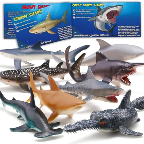 8 Pack Shark Toys with Booklet, Realistic Shark Figurines | Soft plastic ocean animal figures with booklet for under sea play, party decorations, cake toppers, bath play, and gifts