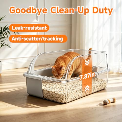Stainless Steel High-Sided Cat Litter Box with Scoop - Medium | Open top litter pan for indoor cats. Easy to clean design significantly reduces litter scatter.