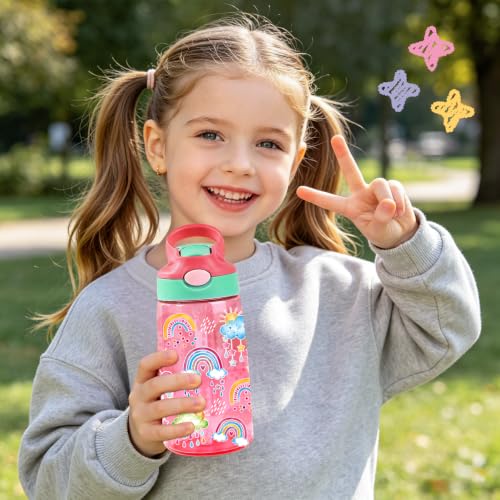 Kids Plastic Water Bottle - Rainbow Water Bottle for Kids, 14oz Plastic Water Bottles with Straw Lid, Leakproof BPA-Free Rainbow Water Bottles for Home Sports Travel, Pop-Up Straw Cover, Pink - color: Rainbow