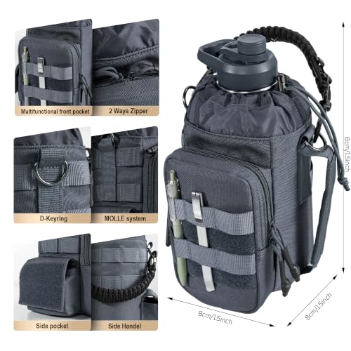 ONETIGRIS 64oz Tactical Insulated Water Bottle with 3 Lids & MOLLE Pouch | 48H Cold & 24H Hot Double Wall, 304 Stainless Steel Wide Mouth, BPA Free Leakproof Silicone Seal, Paracord Handle Easy Carry - color: Gray