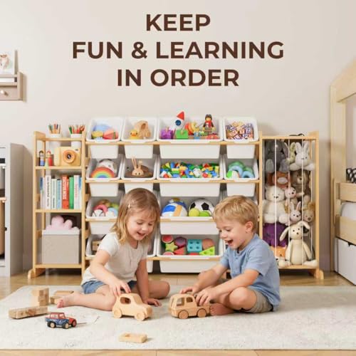 Toy Storage Organizer with Bookshelf and Stuffed Animal Storage - Playroom Organization with Shelves and 12 Bins - Living Room Box for Lego - Bedroom Decor Essential - color: White, size: 67"W,3 Shelves,16 Bins
