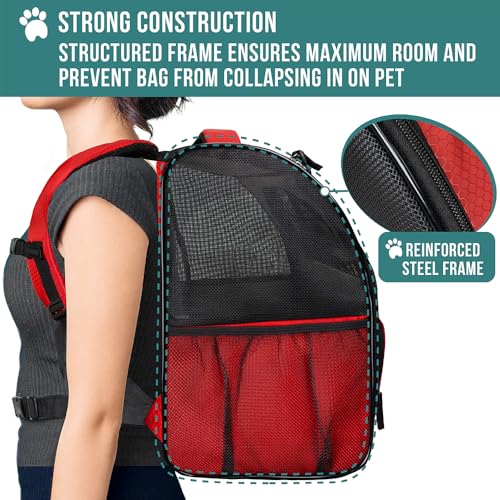 PetAmi Dog Backpack Carrier Airline Approved Cat Pet Puppy Bag, Red | Ideal for Small Medium Large Pet up to 18 lb, 2 Side Entry Structured No-Collapse Frame, Ventilated Bookbag for Hiking Travel - color: Red