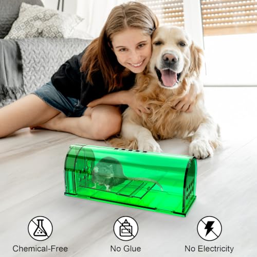 2 Pcs Humane Mouse Traps, Reusable Mice Trap Live Rat Cage Indoor Outdoor | Green, PC Material, Reusable Capture & Release, Use for Home, Waterproof - size: 2 Pack