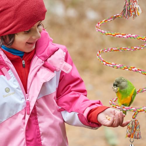 SunGrow Rope Perch for Parrots, 59” Long, Bungee Bird Toy, Brightly Colored Handmade Chew Toy, Spiral Design with Jingling Bell