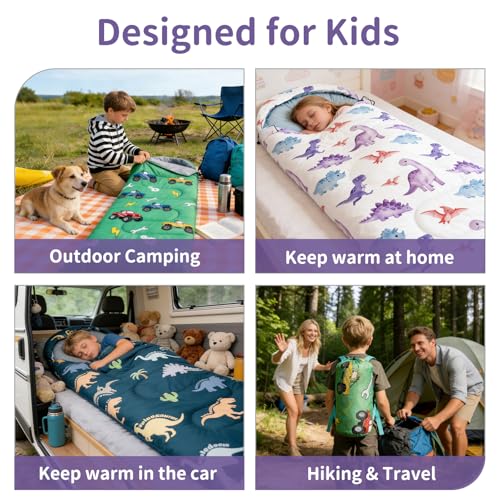 Kids Sleeping Bags - Camping Sleeping Bags with Carry Bag - Compact Sleeping Bag for Hiking, Backpacking 3 Season Warm & Cool Weather, Lightweight Waterproof Outdoor Travel for Boys Girls - color: Purple Dinosaur