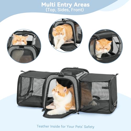 Petsfit 17" x 11" x 11" Airline-Approved Expandable Pet Carrier, 2X Square Expansion Reduces Pet Anxiety, Escape-Proof Self-Locking Zippers, 5 Easy-Access Entrances, for Cats & Small Dogs up to 15 lbs - color: Gray, size: 17.0"L x 11.0"W x 11.0"H