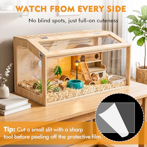 XiaZ Hamster Cage,32Inch Large Hamster Cage with Panoramic View and Ventilated Top, Spacious Acrylic Glass Habitat for Syrian Dwarf Hamsters and Degus, Natural Wood Frame Enclosure - size: 32.0"L x 16.0"W x 16.0"H