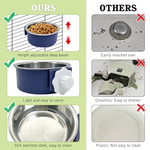 Tfwadmx 2 Pcs Crate Dog Bowl Cat Removable Stainless Steel Food and Water Feeder Hanging Cage Bowls Coop Cup with Cleaning Set for Pet Puppy Bird Rat Guinea Pig Bunny Rabbit (Dark Blue, Gray) - color: Dark Blue, Gray (2 PCS)
