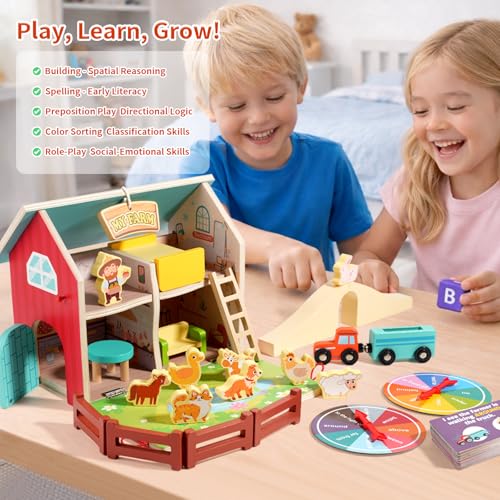 INIFEIDALA Montessori Farm Dollhouse for Toddlers 3-5 | Wooden Farm Animals Playset, Storytelling, Pretend Play, Language Development