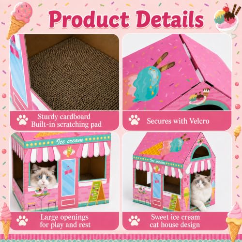 Cinrobiye Cardboard Cat House with Scratcher, Indoor Cat Condo Cat Cave Hideout with Scratch Pad, Cardboard Cat Playhouse Bed for Cats, Kittens, Rabbits & Small Pets (Ice Cream) - color: Ice cream