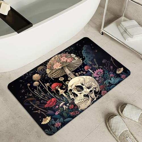 Bath Mat-Bathroom Rug，A Skull and Mushroom-Absorbent Non Slip Quick Dry Stain Resistant Easy to Clean Care Shower Rug for Bathtub Shower Room 16×24Inch (40 * 60cm) - color: A Skull and Mushroom-, size: 16 x 24 inches