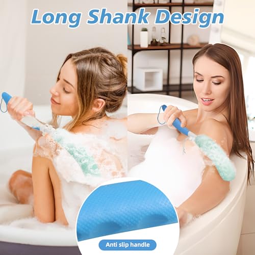 Back Bath Brush with Sponge, 15.35"Back Scrubber with Anti-Slip Long Handle | Back Scrubber for Shower, Curved Long Handle Bath Body Brush for Elderly Aid Bathing and Shower, Exfoliating Body Scrubber - size: Pink+Blue Handle