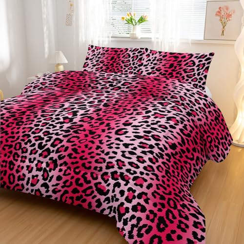 Nttopship Pink Leopard Print Comforter Bedding Set with 2 Pillowcase King Size Cheetah Painting Comforter Set for Kids Boys Girls Bedroom Decor - color: Pink Leopard, size: King
