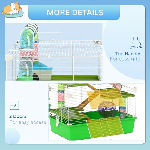 PawHut Extra Large 23" Hamster Cage with Tubes and Tunnels, Portable Carry Handles, Rat House and Habitats Big 5-Tier Design, Mouse Cage Includes Exercise Wheel, Water Bottle, Food Dish, Green | Portable Carry Handles, Rat House and Habitats, Big 5-Tier D