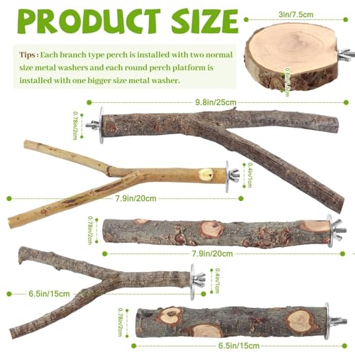 12 Pcs Natural Wood Bird Perch Stand & Platform Set for Cages | Ideal for Small/Medium Birds (Budgies, Conures) | Bark Textures for Foot Health | Tool-Free Wing-Nut | Safe Chewing - size: Deluxe Playground Set - 12PCS