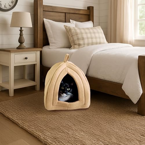Cat House - Indoor Bed with Removable Foam Cushion - Pet Tent for Puppies, Rabbits, Guinea Pigs, Hedgehogs, and Other Small Animals by PETMAKER (Tan) | Plush Cat Tent Bed for Small Kittens, Rabbits, Guinea Pigs, and Other Small Animals, Comfortable Cozy P