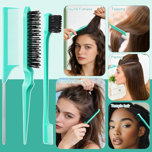 5 Pcs Slick Back Hair Brush Boar Bristle Smoothing Hair Brush with Edge Brush Rat Tail Comb Wide Tooth Comb for Men Women Smooth Frizz Flyaways, Green - color: Green