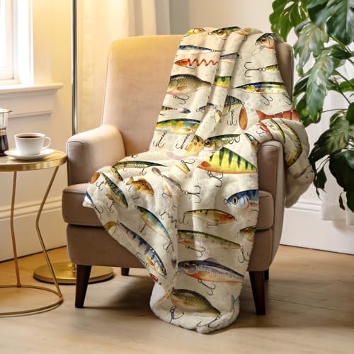 Fish Blanket Ultra Soft Lightweight Flannel Fishing Bait Throw Blankets Fish Blanket Gifts for Room Bed Sofa Decor 50"x40" - color: Beige Fish