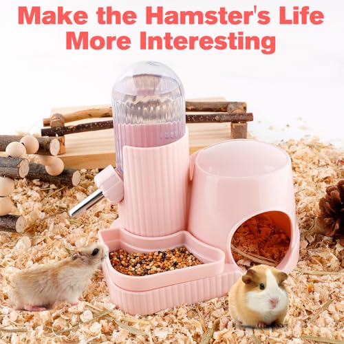 3 in 1 Multifunctional Hamster Water Bottle No Drip Gerbil 100ML Water Bottle Dispenser with Food Bowl Small Animal Auto Dispenser with Hideout Base Hamster Cage Accessories (Pink) - color: Pink