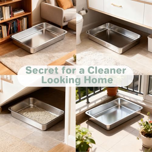 2 Pack Low Entry Stainless Steel Cat Litter Boxes, Metal Shallow Litter Box, Easy Access Kitty Litter Pan Tray, Easy Cleaning -17.72'' Lx 13.78'' W x 2.76'' H - color: 2 pack-17.72'' Lx 13.78'' W x 2.76'' H