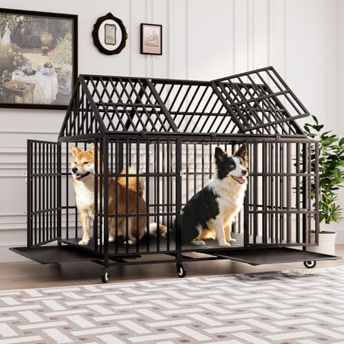 61 inch Heavy Duty Indestructible Dog Crate, Escape-Proof Chewproof Pet Kennel for Large Giant Dogs, Steel Indoor High Anxiety Cage with 6 Wheels, 6 Locks, 2 Trays, 3 Doors, Extra Large XL XXL - size: 60.2"L x 32.7"W x 50.8"H