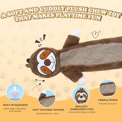 Squeaky Dog Toys for Small & Medium Breeds, Soft No Stuffing Interactive Puppy Teething Chewing Toy with Crinkle Paper, Best Birthday, Christmas, Halloween, Easter Gift, Flat Sloth - color: Sloth
