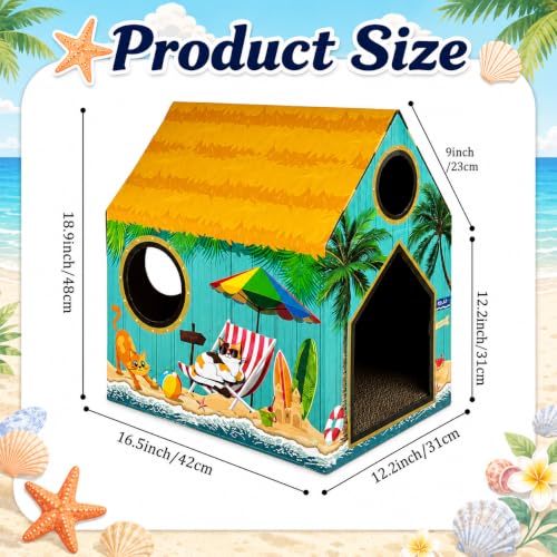 Cinrobiye Cardboard Cat House with Scratcher, Indoor Cat Condo Cat Cave Hideout with Scratch Pad, Cardboard Cat Playhouse Bed for Cats, Kittens, Rabbits & Small Pets (Beach) - color: Beach