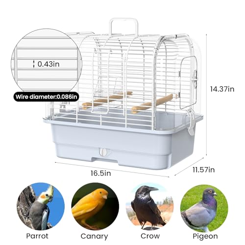 Travel Bird Carrier Cage,Transparent Parakeet Cage,Small Portable Bird Cage with Feeder Cups & Standing for Canaries Budgies Lovebirds Conures Cockatiels(Blue)