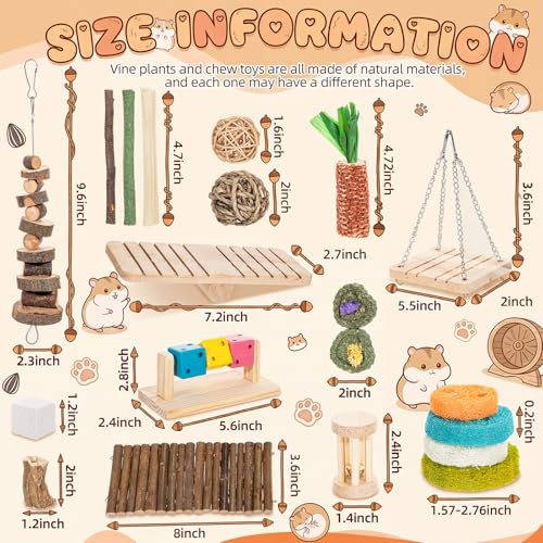 Leitee 30 Pcs Hamster Toys Set Small Animal Chew Toys Teeth Care Wooden Accessories Applewood Timothy Hay Mouse Toy Swing Seesaw Bridge for Guinea Pig, Chinchillas, Gerbils, Mice, Rats