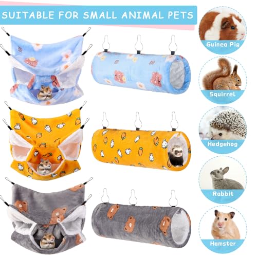 6 Pcs Rat Hammock Set Ferret Hanging Tunnel 3 Tier Guinea Pig Hammocks Hideout Soft Chinchilla Bed for Cage Accessories Hide,Play and Sleep (Sun,Bear) - color: Sun