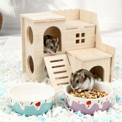 Wontee Hamster Food Bowl 2 Pack Ceramic Food Water Bowl Anti-Tipping for Dwarf Hamsters Gerbil Mice Hedgehog Guinea Pig (Blue+Purple) - color: Blue+Purple