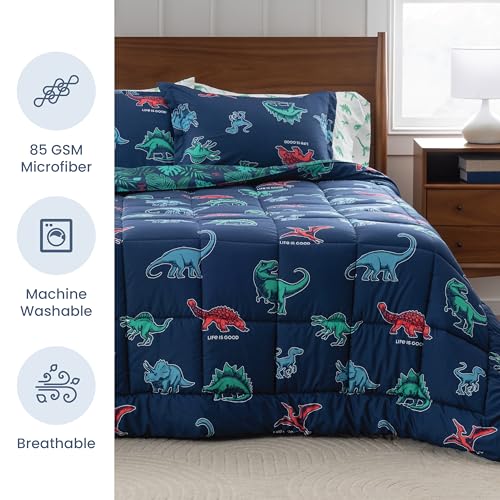 Berkshire LIG Printed Reversible Microfiber Comforter Set–7-Piece, Ultra Soft All-Season Bedding, Wrinkle & Fade Resistant, Queen, Life was Good Dinos Navy - color: Life Was Good Dinos Navy, size: Queen