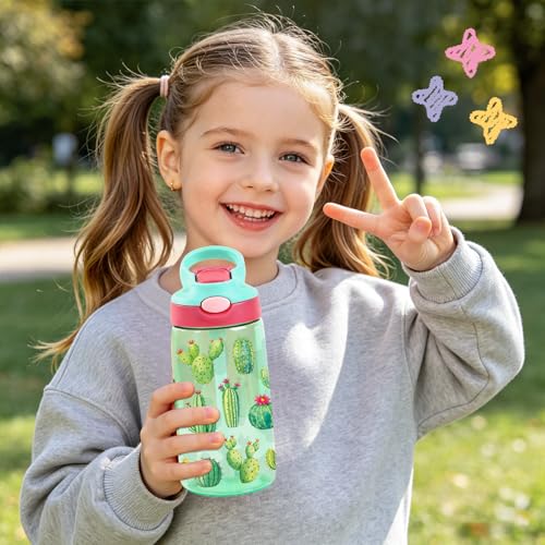 Kids Plastic Water Bottle - Cactus Gifts for Kids, 14oz Plastic Water Bottles with Straw Lid, Leakproof BPA-Free Cactus Water Bottle for Home Sports Travel, Pop-Up Straw Cover, Green - color: Cactus